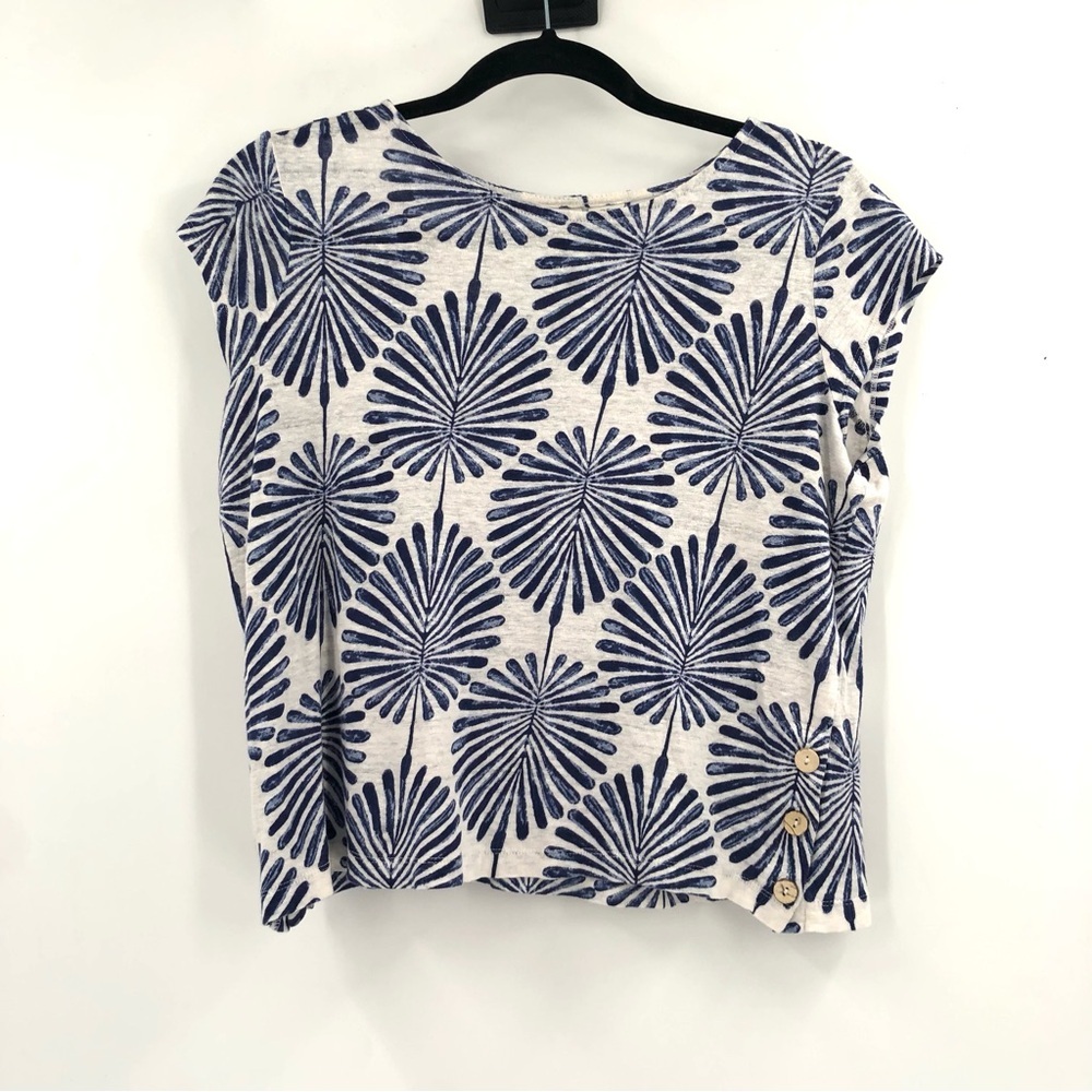 JOIE 100% Linen Top Palm Leaves Print White Blue Side Button Summer Beach Vacay